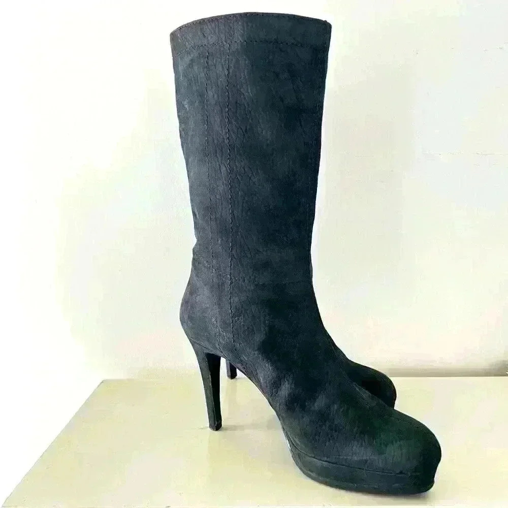 VERO CUIOIO BLACK LEATHER FUR HEELS OVAL TOE PLATFORM BOOTS SIZE 38 - Picture 6 of 16